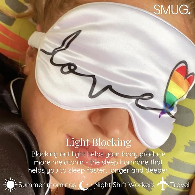 SMUG Satin Sleep Mask - Travel, Night Shift, Sleeping Eye Mask for Women & Men - Soft to Nourish Skin, & Reduce Dark Circles - Deep Dream Sleep Aid Eye Cover to Block Out Light - Pride Love