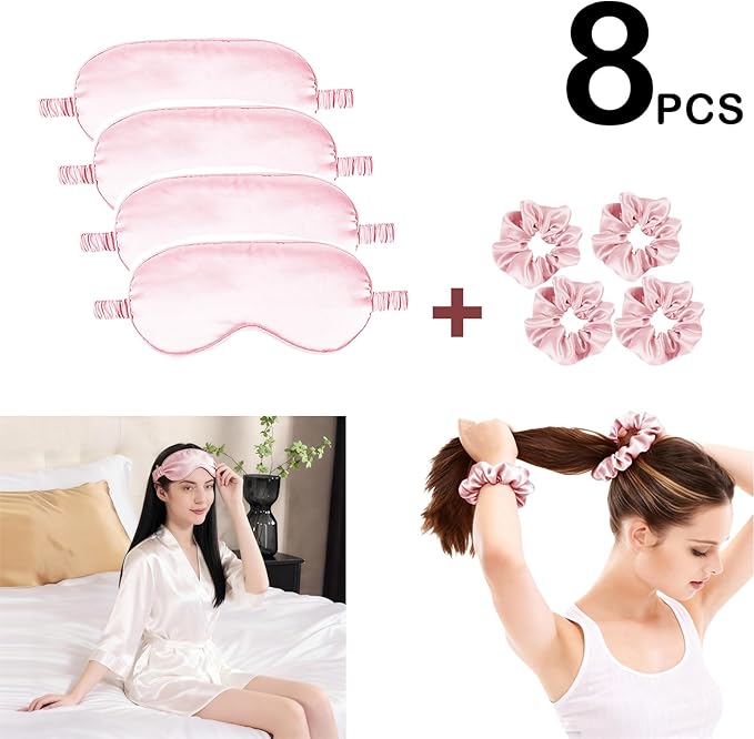 Satin Eye Mask 8Pcs Silk Sleep Masks Silky Blindfold Eyeshade Blackout Eyes Cover Scrunchies Hair Ties Travel Wedding Gifts