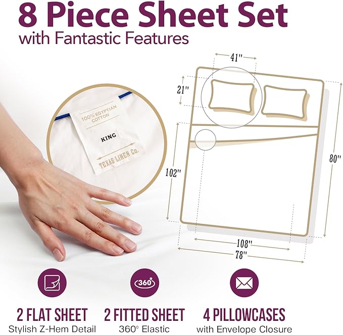 TEXAS LINEN CO. 100% Egyptian Cotton Sheets King Size Set Pack of 2 - Luxury 1200 Series Star Sleepin' Collection Sheets King Size (8 PC, White), 17" Deep Pocket, Soft, Sateen Hotel Bedding Set