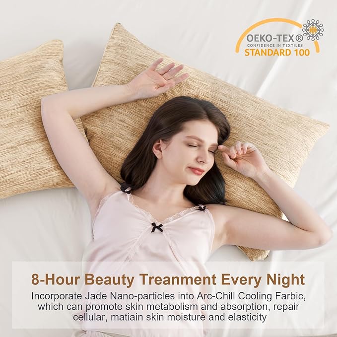 Elegear Cooling Pillow Cases for Hot Sleepers, Japanese Q-Max 0.5 Cooling Pillowcases, Both Sides[Cooling/Cotton], Breathable Soft Pillowcase for Hair and Skin, Set of 2-Beige (Standard (20" x 26"))