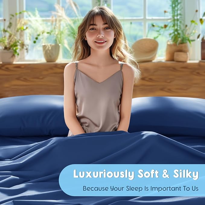 SONORO KATE 100% Egyptian Cotton Sheets Set - 1000 High Thread Count, Luxury 5-Star Hotel Sateen Bed Sheets, Soft, Breathable Long Staple Sheets, Fit up to 16" - 4 PC (Navy Blue,California King)