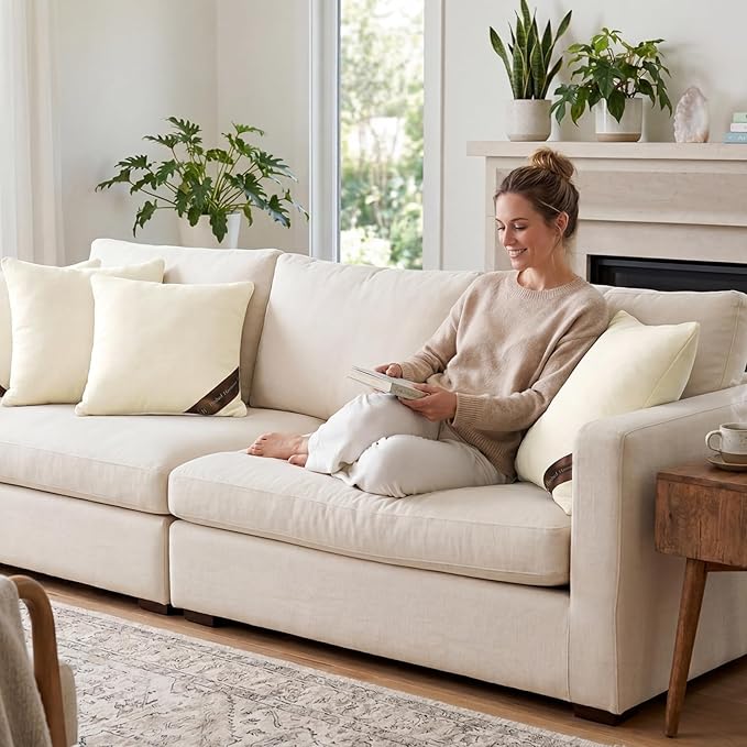 14x14 Pillow Inserts Set of 2- Shredded Memory Foam Pillow Forms - 3-Layer Hybrid Design for Lumbar Support, Small Throw Pillow Insert for Office Chair & Nursery Beige