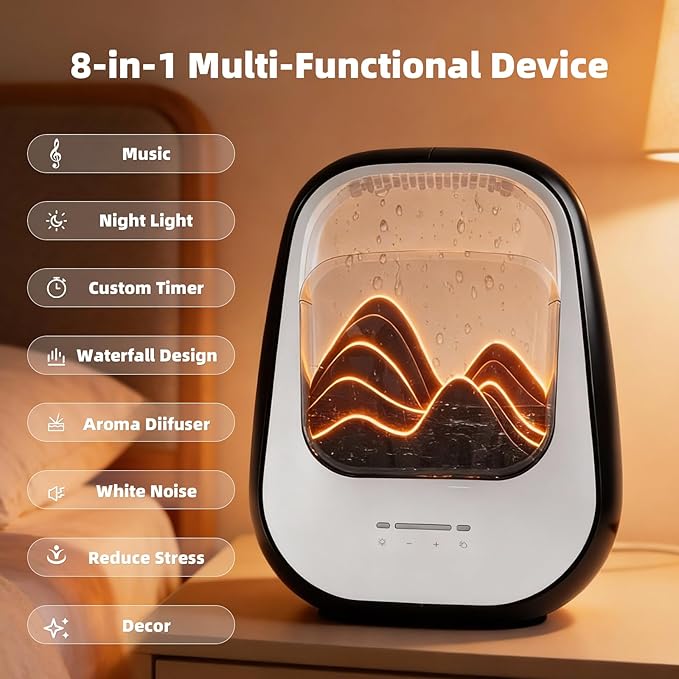 8-in-1 White Noise Sound Machine with Aroma Diffuser, Rain Sound Machine for Sleeping, Stress Relief, White Noise Machine Night Light Timer for Bedroom Office Home Decor, Black