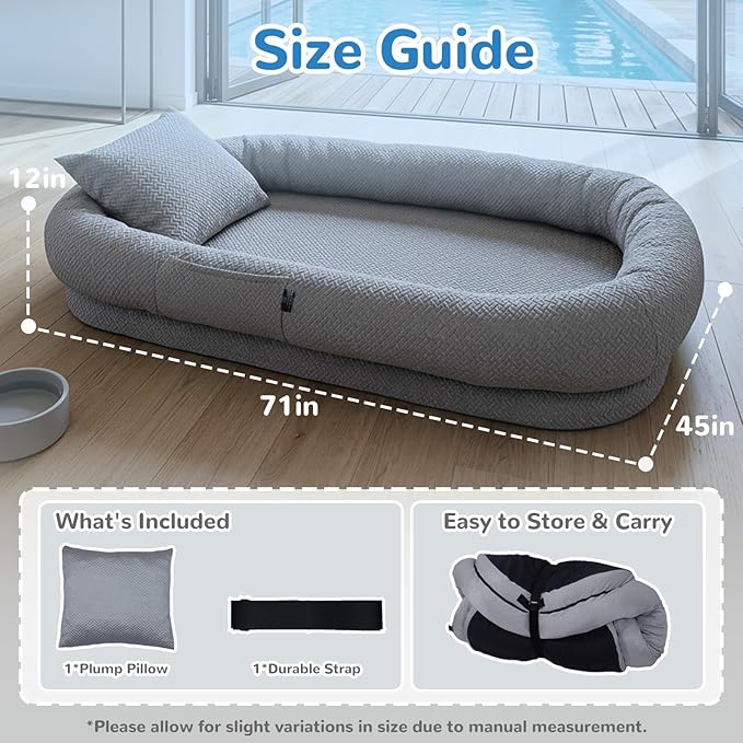 YAEM Cooling Human Dog Bed, 71"x45"x12" Breathable Human Size Dog Bed for Adults, Waterproof Giant Pet Beds with Washable Cover & Non-Skid Bottom, Glacier Grey