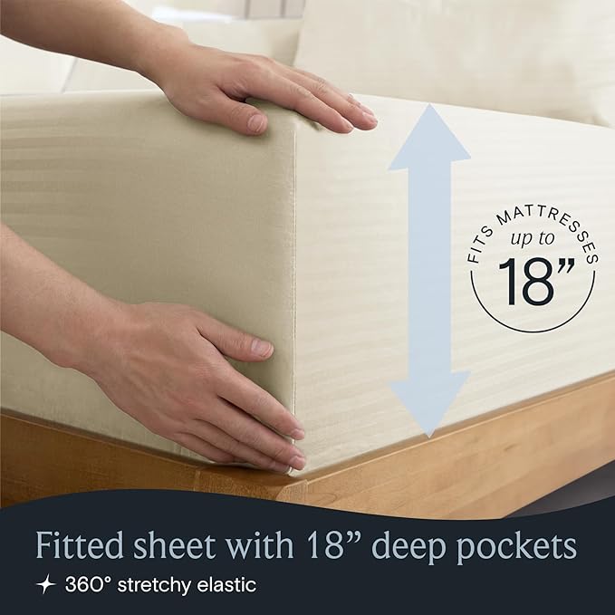 LuxClub 4 PC Queen Size Sheet Set, Breathable Luxury Bed Sheets, Deep Pockets 18" Wrinkle Free Cooling Machine Washable Hotel Bedding (Striped Cream)