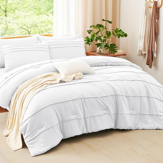 CozyLux Full Size Comforter Sets White, 7 Pieces Soft Pinch Pleat Bed in a Bag Full Comforter Set with Sheets, Boho Bed Set with Down Alternative Comforter, Sheets, Pillowcases & Shams