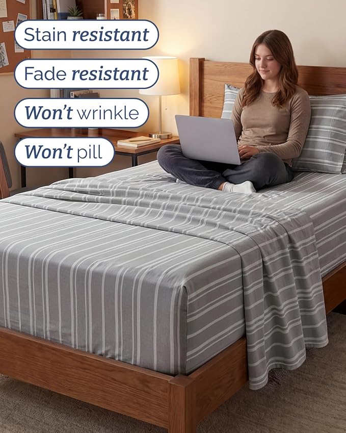Extra Deep Twin XL Sheet Set - 3 Piece Breathable & Cooling Bed Sheets - Easily Fits 18 to 24 inch Mattress - Soft, Wrinkle & Fade Free w/ Extra Deep Pockets - Hotel Luxury Bedding - Grey Stripes 3