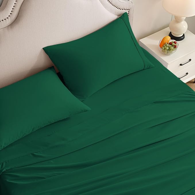 Queen Sheet Set, 4-Piece Hotel Luxury Soft Microfiber Queen Bed Sheets Set, Up to 16" Deep Pockets, Oeko-Tex Sheets with Elastic, Breathable, Wrinkle Free (Forest Green, Queen)