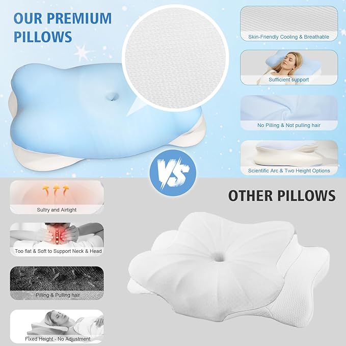 Extended Cervical Neck Pillow for Pain Relief, Ergonomic Contour Side Sleeper Pillow for Sleeping, Orthopedic Memory Pillow for Neck Support, Cooling Adjustable Pillow for Back and Stomach Sleeper