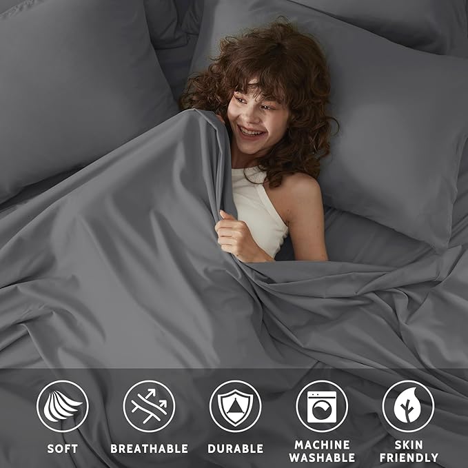 Twin Sheets Set - 4 Piece Soft Microfiber and Wrinkle Free Sheets - Easy Care, Extra Soft, Cooling Sheets - 1 Deep Pocket Fitted Sheet 1 Flat Sheet and 2 Pillowcases (Twin Dark Grey)
