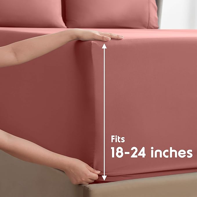 Nestl Extra Deep Split King Sheet Set - 7 Piece Breathable & Cooling Sheets - Hotel Luxury Bedding Set w/18-24 Inch Deep Pockets - Easy & Secure Fit - Super Soft, Wrinkle Free & Comfy - Pink Clay