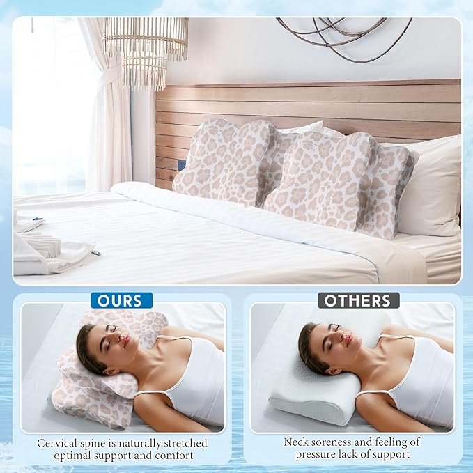 Hahafelt Cooling Cervical Neck Pillowcase Cover (Only Pillow Case) Ergonomic Pillowcase with Zipper Breathable Contour Pillow Cover for Side Back Stomach Sleepers(Leopard Print Color,Queen Size)