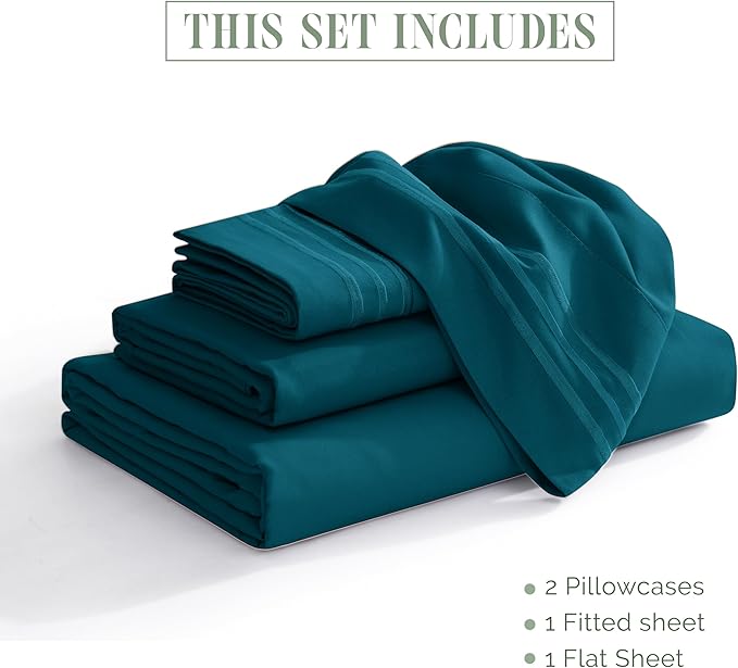 Elegant Comfort Luxurious 1500 Premium Hotel Quality Microfiber Three Line Embroidered Softest 4-Piece Bed Sheet Set, Wrinkle and Fade Resistant, Queen, Marine Teal