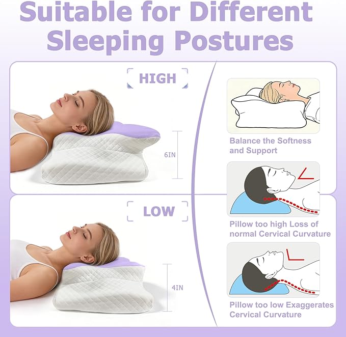Memory Foam Neck Pillow - Adjustable Orthopedic Contour Pillow for Neck & Shoulder Support, Odorless, Side Back Stomach Sleeper Friendly, Enhanced Spinal Alignment - Light Purple