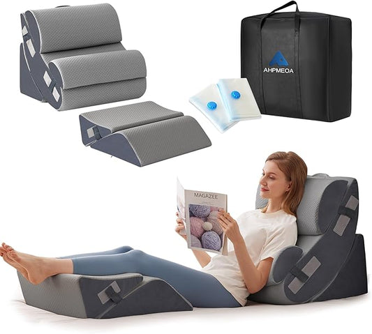 Ahpmeoa 6PCS Orthopedic Bed Wedge Pillow Set for Sitting up in Bed, Memory Foam Post Surgery Pillow for Back Pain Relief, Back Support Pillow for Acid Reflux Relief, GERD, Anti Snoring (Grey)