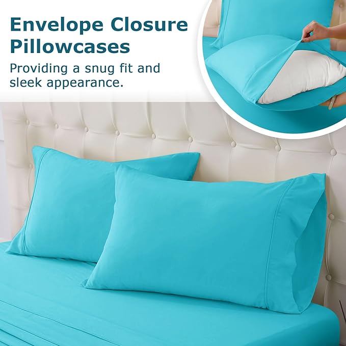 Queen Size Bed Sheet Set - 4 Piece Soft Microfiber Sheets with Deep Pockets, Cooling Technology, and Wrinkle-Free Pillowcase. Hotel-Quality, Durable Bedding, Capri Blue