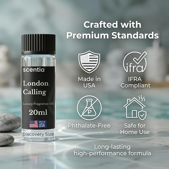 Scentia London Calling Fragrance Oil for Diffusers – Fresh White Tea & Lime Home Scent with Peony, Jasmine & Cedarwood – Diffuser Oil for Ultrasonic, Cold Air & Waterless Diffusers– 20 ml (0.67 fl oz)