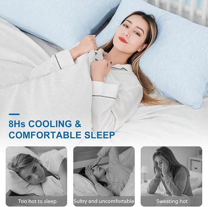HOMFINE Cooling Pillowcases Queen Size - Double Side Q-Max 0.439 Cooling Fiber for Pillow Protector, Breathable Cold Pillow Cover for Hot Sleeper Night Sweat, Zipper, 2 Pack (20"x30", Light Blue)