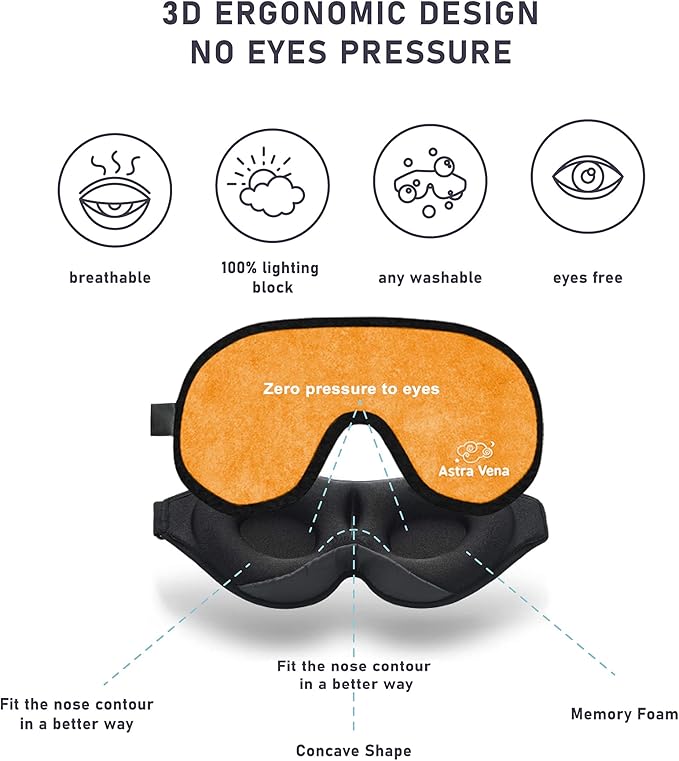 3D Sleep Mask for Kids, Light Block Sleeping Blindfold Memory Foam Contoured Eye Mask for Sleep, Adjustable Strap Eye Cover and Travel Sleep Mask for Boys Girls, Orange