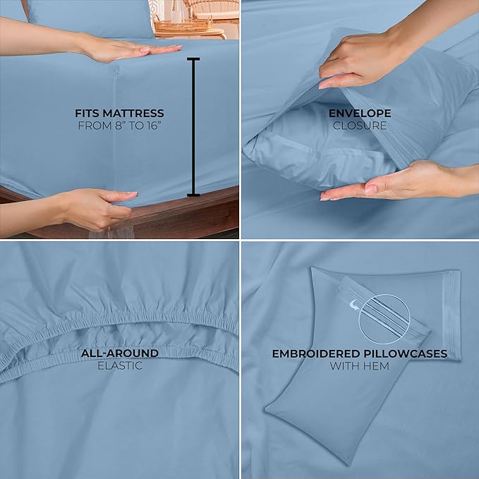 ROYALE LINENS 3 Piece Twin Sheets Set - Soft Brushed 1800 Microfiber Bedding - 1 Fitted and 1 Flat Sheet, 1 Pillow case - Wrinkle Free & Fade Resistant - Hotel Luxury Bed Sheets Set (Lake Blue, Twin)