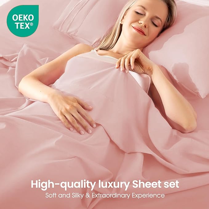 ROSE&RISY Pink King Sheet Set, 4 Pieces Soft Bedding King Sheet Set, Breathable and Cooling Sheet Bed Set,Includes 1 Fitted, 1 Flat, 2 Pillow Cases - Deep Pocket (Pink, King Size)