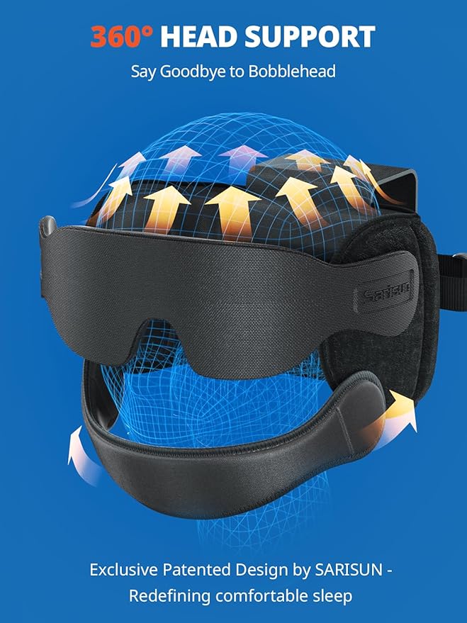 SARISUN Travel Pillow for All Airplane Seats, Airplane Pillows Combo with Chin Strap, 3D Eye Mask for Sleeping, 360° Support Travel Head Strap, Long Flights Essentials, Stop Bobblehead, Black
