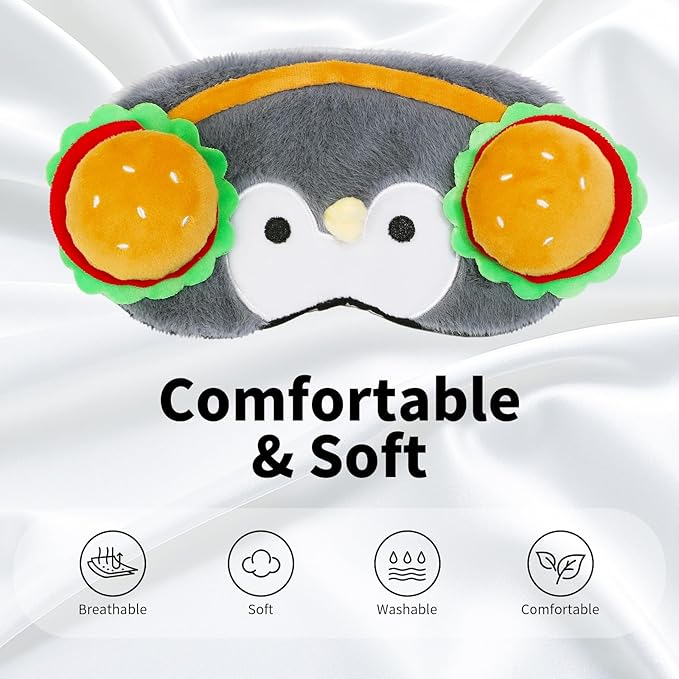 PERFECTSIGHT Sleep Eye Masks, Cute Penguin Plush Sleep Eye Cover Lightweight Adjustable Eyeshade Faux Fur Mask Cover for Women Men Sleep Travel Nap, Burger Headphone