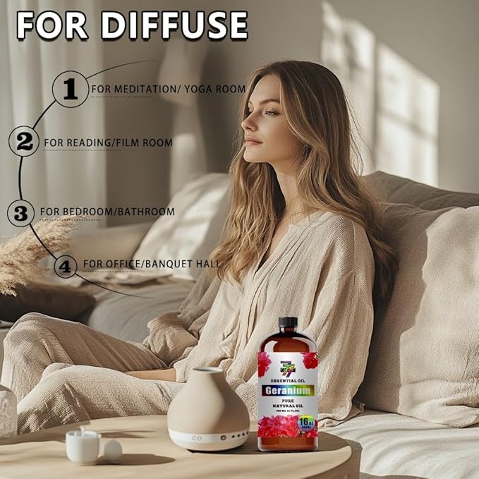 Geranium Essential Oil - Geranium Oils for Diffusers, Humidifiers, DIY Candles, Soap, Cleaning, Home, Office, Yoga, Massage, Gifts - 16 fl oz (480 ml) - GV77ZF