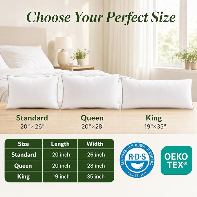 Goose Down Pillow, Standard Size Set of 1 with 3-Layer Design, Hotel Down Bed Pillow for Side, Back, and Stomach Sleepers, Soft 600 Thread Count Cotton Cover–Luxury Hotel Pillows Quality(20" x 26")