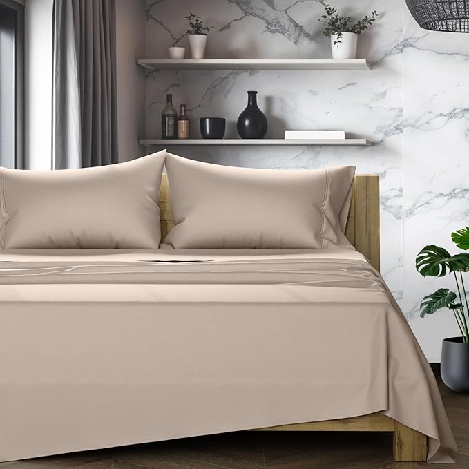 TEXAS LINEN CO. 100% Egyptian Cotton Queen Sheets Set - Luxury 1200 Series Star Sleepin' Collection Egyptian Cotton Sheets Queen Size (4 PC, Taupe), 17" Deep Pocket, Cooling Sateen Hotel Bedding Set