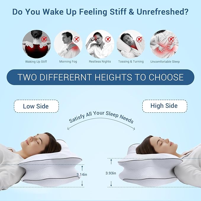 AZBESTPRO Memory Foam Cervical Pillow for Neck Support & Pain Relief, Butterfly Ergonomic Design – 24×15.75×5.7 Inches, Removable 100% Polyester Pillowcase, Suitable for Side & Back Sleepers (Grey)