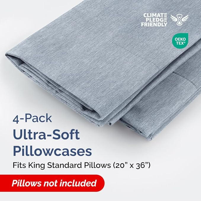King Standard Pillow Cases Set of 4 - Soft Hotel Quality Pillowcase Covers - Comfy Bedding for Women, Men, Kids & Teens - Machine Washable Pillow Protectors - 4 Piece - King Standard Heathered Blue