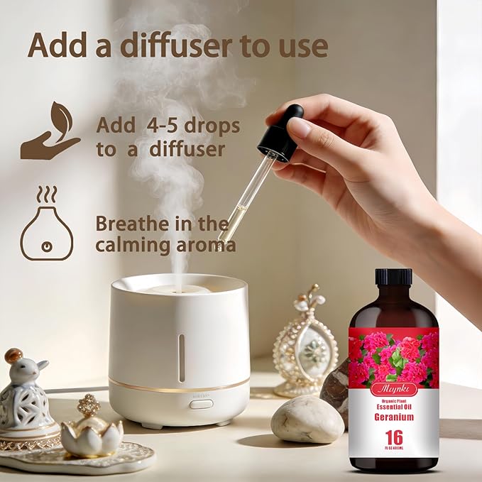Geranium Essential Oil – MLYNKL Geranium Oils 16.33 fl oz for Diffusers, Humidifiers, Massage, DIY Candles, Soap, Cleaning, Home, Yoga, Office, Gifts - 490 ml