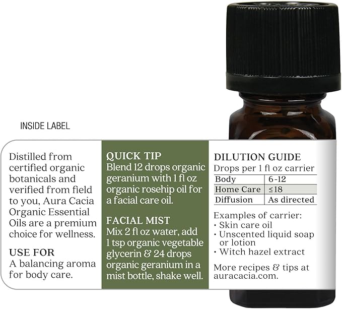 Aura Cacia 100% Pure Geranium Essential Oil | Certified Organic, GC/MS Tested for Purity | 7.4 ml (0.25 fl. oz.) | Pelargonium graveolens