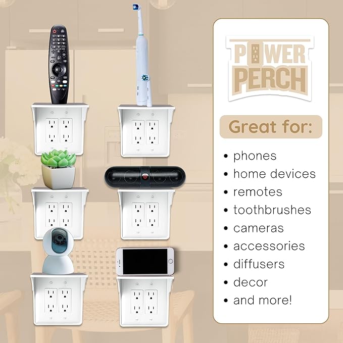 Power Perch Double Wall Outlet Shelf with Cord Storage Strap - Declutter & Reclaim Bedroom Counter Space - Alexa Stand, Apple HomePod Shelf, Toothbrush Holder for Bathroom - White, 1-Pack