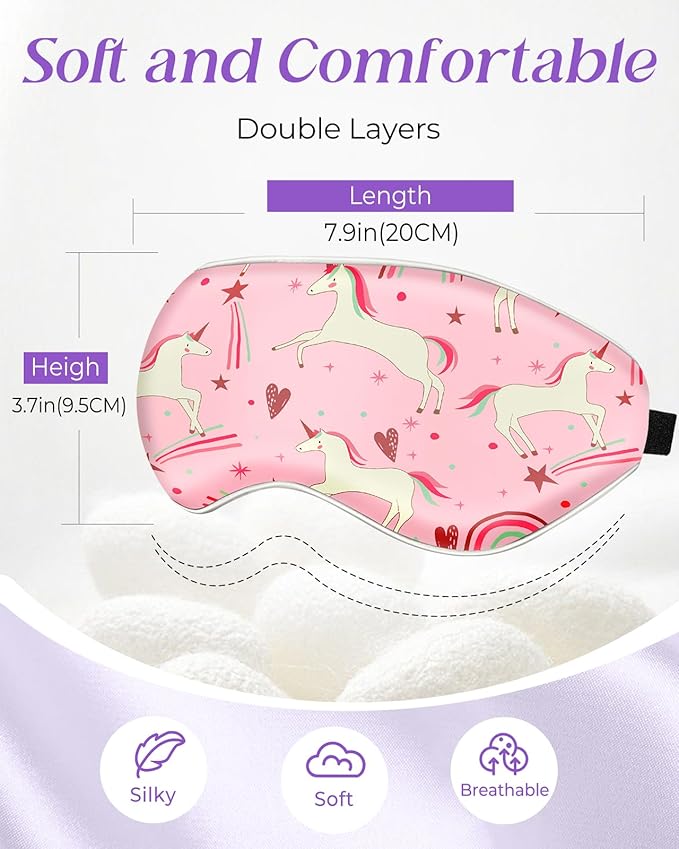 Miss Adola Sleep Mask for Kids - Cute Kawaii Cartoon Silk Sleeping Mask with Adjustable Strap Soft Smooth Light Eye Mask for Sleeping Silk Kids Eye Cover for Boys Girls Teens, PK Heart Unicorn