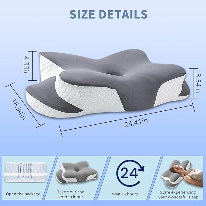 Memory Foam Cervical Pillow - Cooling Side Sleeper Pillow for Sleeping, Ergonomic Memory Foam Pillows for Neck Support, Contour Orthopedic Bed Pillow for Back Stomach Sleepers (Grey)