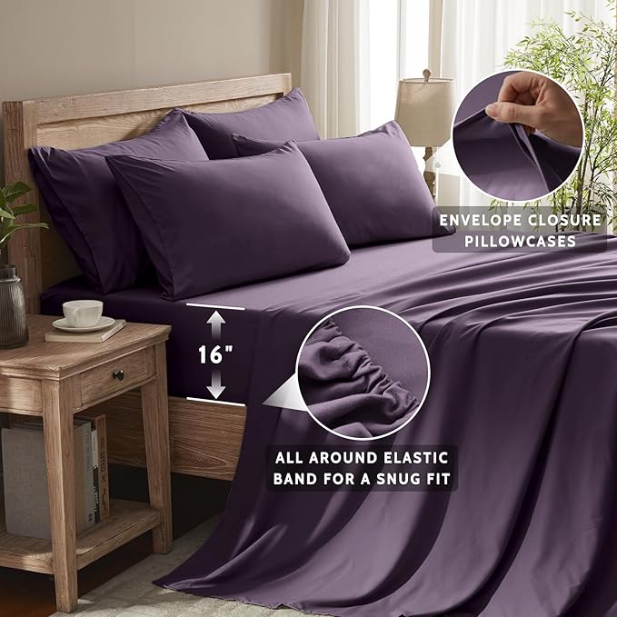 Cal King Size Sheets Set - 6 Piece Luxuriously Soft & Cooling Sheets Cal King Size - Ultra Soft 16" Deep Pocket Cal King Sheet Set - Fitted Sheet & Pillowcase Sets (Cal King Purple)