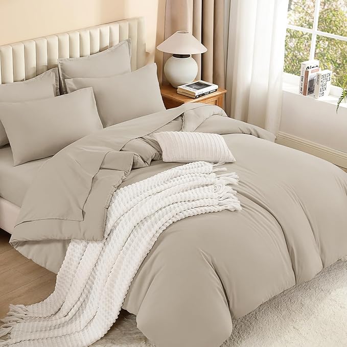 Litanika Comforters Queen Size Set Oatmeal - 7 Pieces Bed in a Bag Queen Bedding Comforter Sets, Plain Lightweight Bed Set with Comforter, Sheets, Pillowcases & Shams