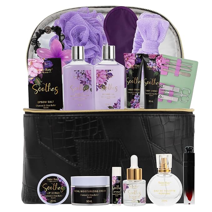 26 Pcs CHARCOAL & SHEA BUTTER Spa Kit Gifts for Women, Hydrating Skin Care Kit, Bath and Body Gift Set, spa kit Leather Cosmetic Bag, Face Serum, Self Care Kit, Anniversary, Birthday, Mothers Day