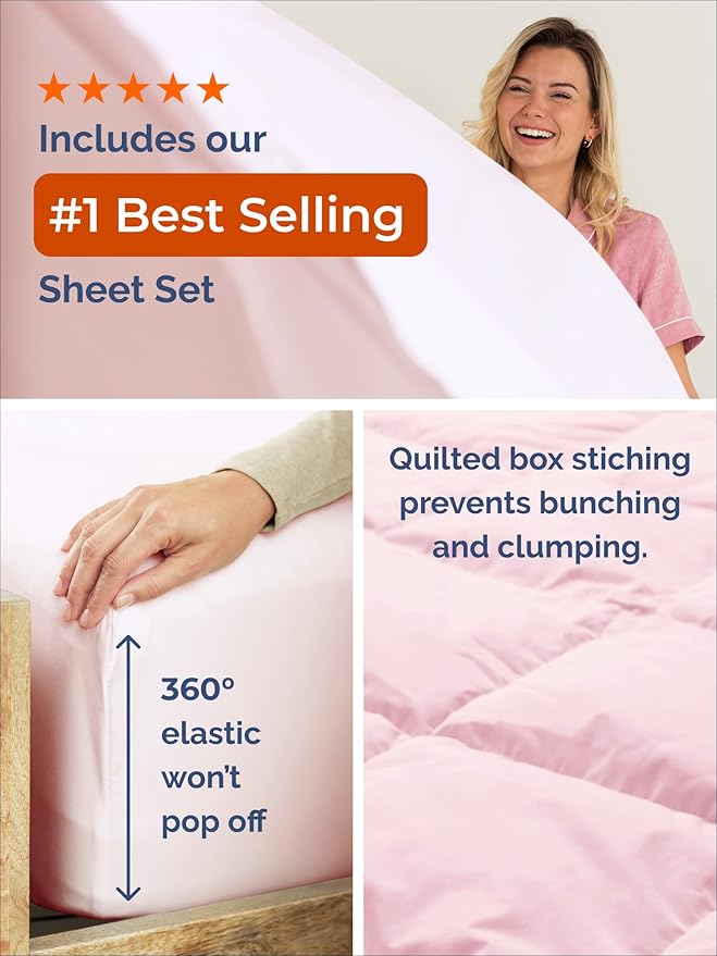 Full Comforter Set - 3 Piece Bed Set for All Seasons - 1 Soft Quilted Comforter w/ Corner Tabs & 2 Pillow Shams - Comfy & Breathable - Premium Down Duvet Insert - Oeko-TEX - Full Size, Lavender Pink