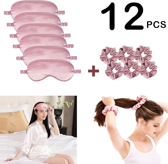 12Pcs Silk Sleep Masks Satin Eye Mask Silky Eyes Cover Blindfold Eyeshade Hair Ties Scrunchy Travel Bridesmaids Gifts