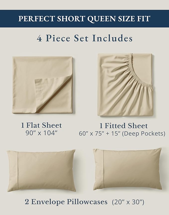 LANE LINEN RV Queen Sheets Set - 100% Organic Cotton Camper Sheet Sets 15" Deep Pocket Fitted (Short Linen)