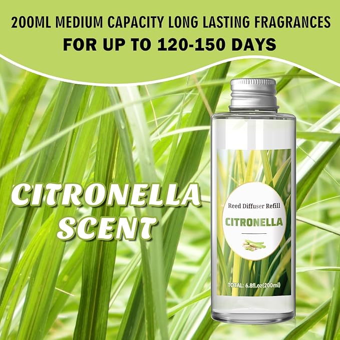 SCENTORINI Reed Diffuser Oil Refill, Citronella Diffuser Oil 6.76 Fl Oz, Natural Scented Essential Oil Refill Long Lasting Home Fragrance for Room Spa Aromatherapy Bathroom Hotel Decor, Patio, Outdoor