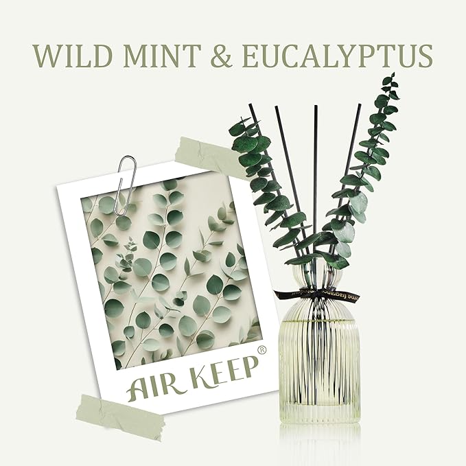 Airkeep Reed Diffuser Set 6.76 oz – Wild Mint & Eucalyptus Home Fragrance with Eucalyptus Sticks – Decorative Glass Bottle for Bathroom, Bedroom & Living Room Décor – Gift Ready