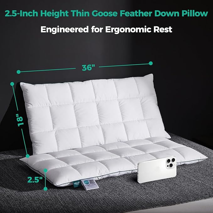 Three Geese Ultra Thin Flat Goose Down Feather Pillows for Sleeping King Size, 2.5" Height, 100% Cotton Cover, Ultra Slim Hotel Collection Bed Pillow for Stomach, Back Sleeper, 18x36 in.