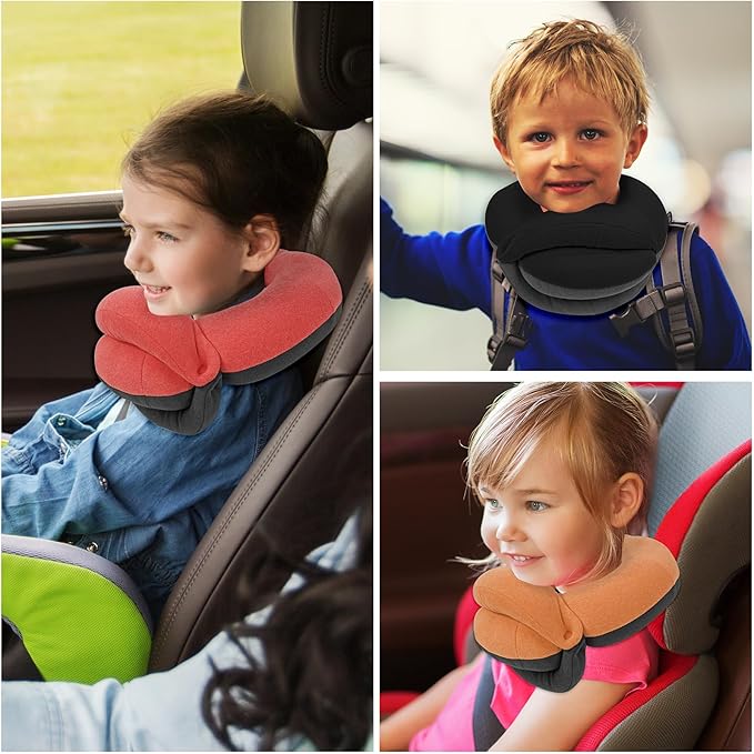 BUYUE Kids Travel Pillows for Airplane, 360° Head Support Sleeping Essentials for Boys Long Flight, Skin-Friendly Soft Neck Pillow for Traveling in Car Seat, (Small, Beige Grey, 40-90 lbs)