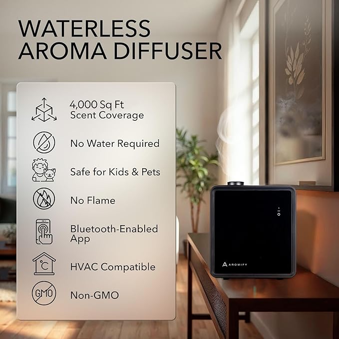Grand Luxe HVAC Scent Diffuser, Covers 4000 sq ft, Essential Oil Diffuser for Home & Spa, Waterless Aromatherapy Diffuser, Bluetooth, HVAC Compatible, Scheduled Timer - Two 50ml Oils Included