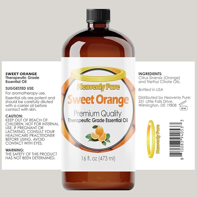 Heavenly Pure Sweet Orange Essential Oil 16 Fl Oz (Pack of 1) Large Bottle for Aromatherapy Diffusers Candles and DIY Crafts