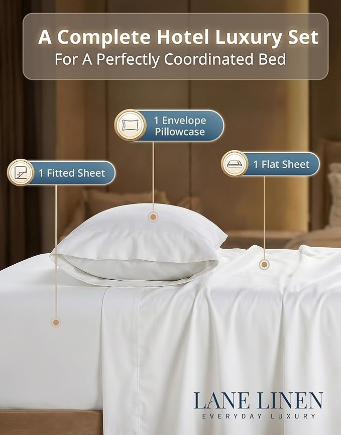 LANE LINEN Twin XL Sheets Set - 600 Thread Count Premium Sateen Weave for Hotel Quality Luxury - Extra Soft & Breathable Cotton Sheets Set for Single Beds - Fits Mattresses Upto 15'' Deep - White